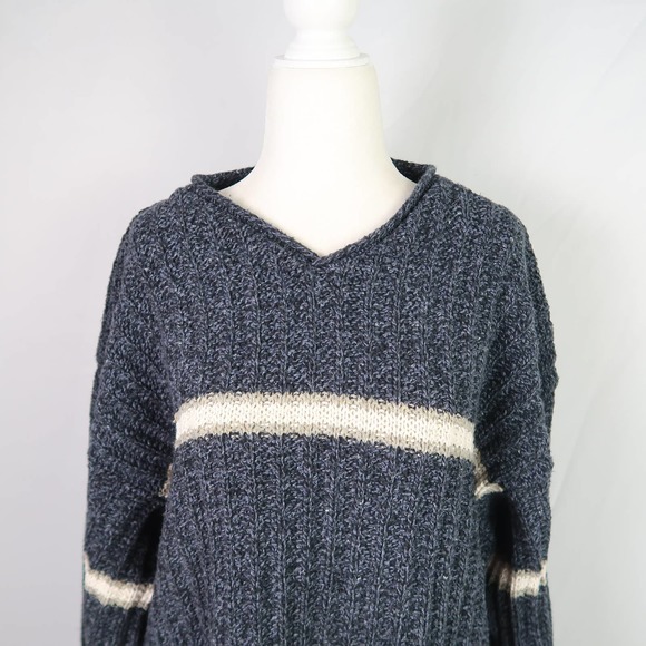 Vintage 90s Eddie Bauer Men's navy blue white stripe cotton knit sweater L - Picture 2 of 6
